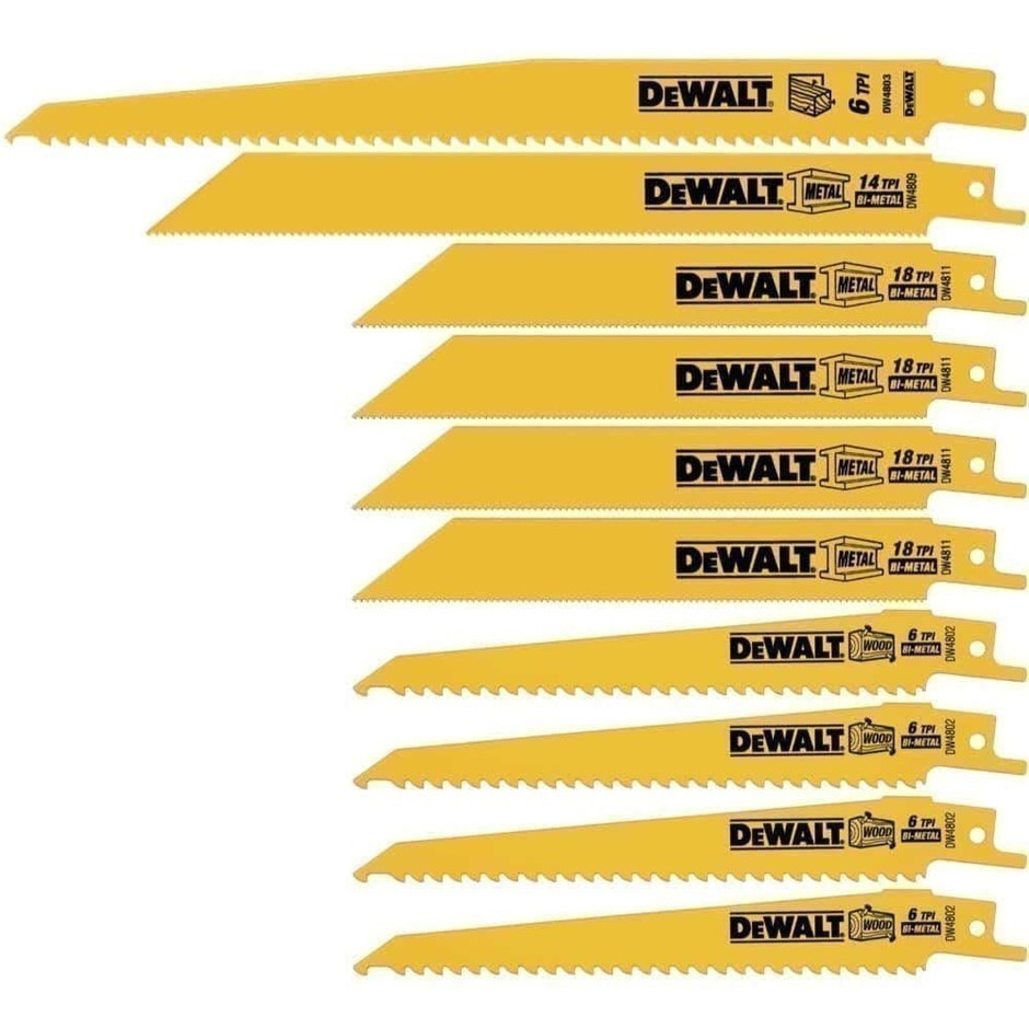 DeWALT 10pc General Purpose Reciprocating Saw Blade Kit.