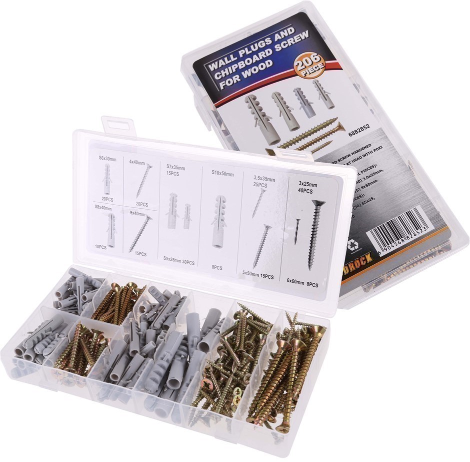 2 x 206pc Wall Plug & Wood Screw Assortment. Contents: See Image.