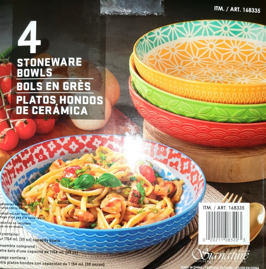 SIGNATURE HOUSEWARES 4 Stoneware Bowls, Variety Colours (Orange Box).
