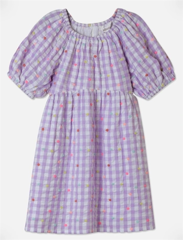 MILKSHAKE Seersucker Puff Sleeve Dress, Size 8, Lavender NB: Stretched Neck