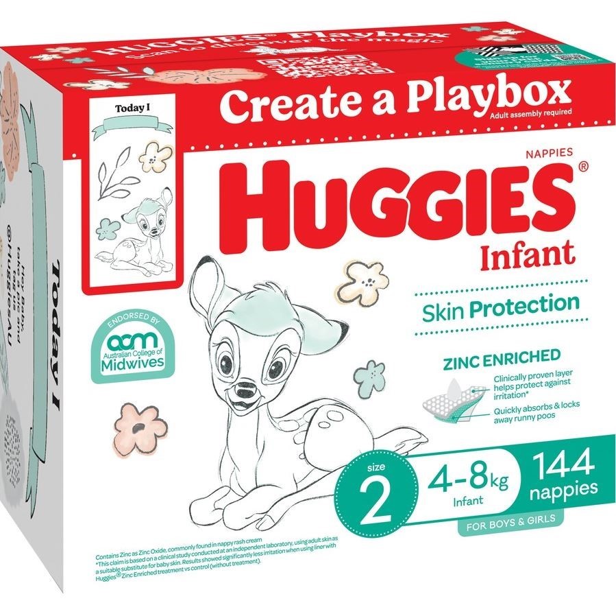 Pack of 144pc HUGGIES Disney Bambi Themed Infant Nappies, Size 2 (For 4-8kg