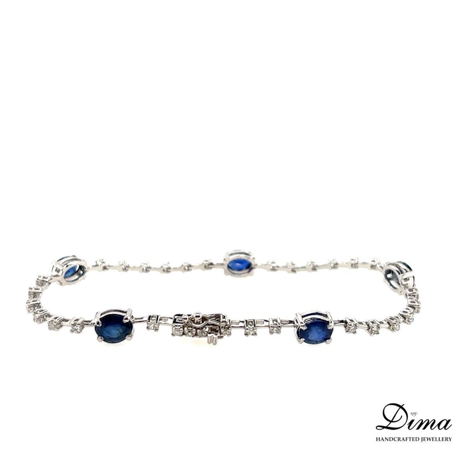 4.60ct Blue Sapphire & Dia. 0.70ct F/SI Bracelet 18K White Gold