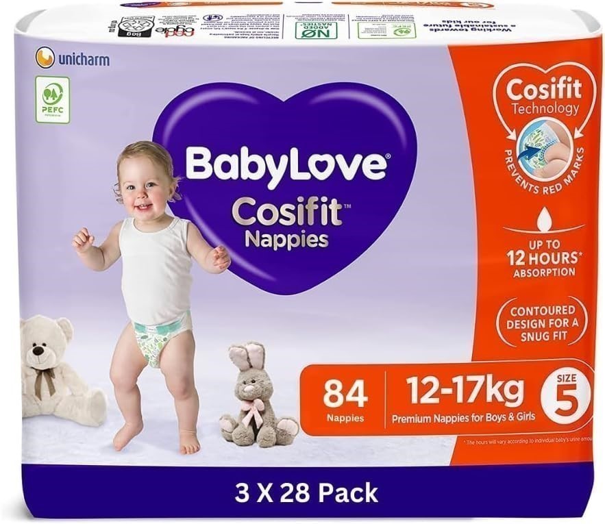 BABYLOVE Cosifit Nappies, Size 5 (12-17kg), 84 Pieces (3 x 28 pack).