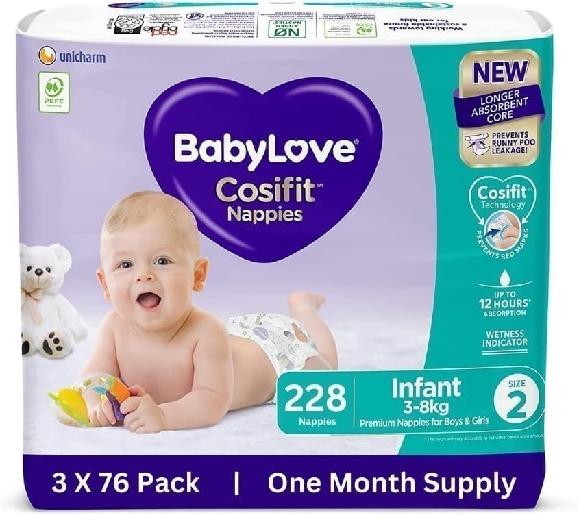 BABYLOVE Cosifit Infant Nappies Size 2 (3-8kg), 1 Month Supply 228 Pieces (