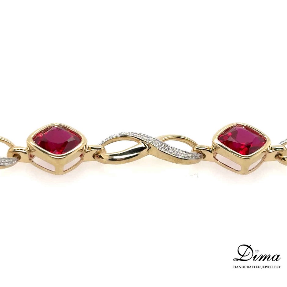 9K 2 Tone Gold Synthetic Ruby & Diamond Bracelet