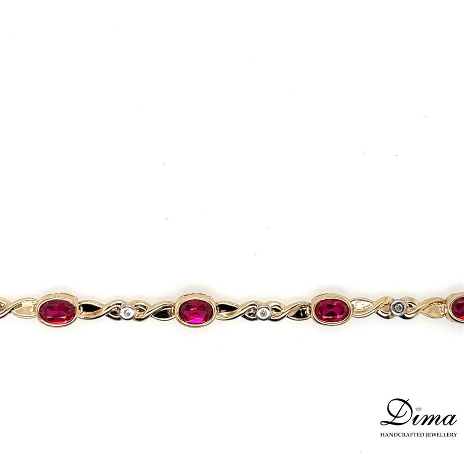 9K 2 Tone Gold Synthetic Ruby & Diamond Bracelet
