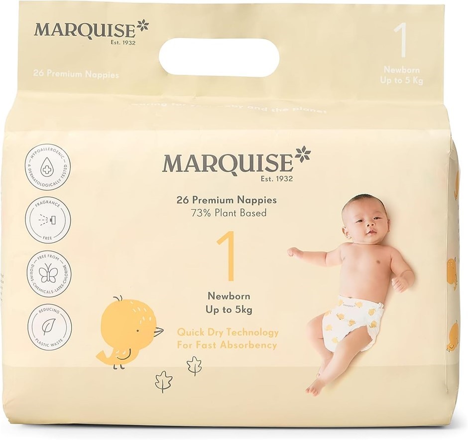 MARQUISE Baby Newborn Nappies, Size 1, Up To 5kg, 78 Count (3 x 26 Pack). N