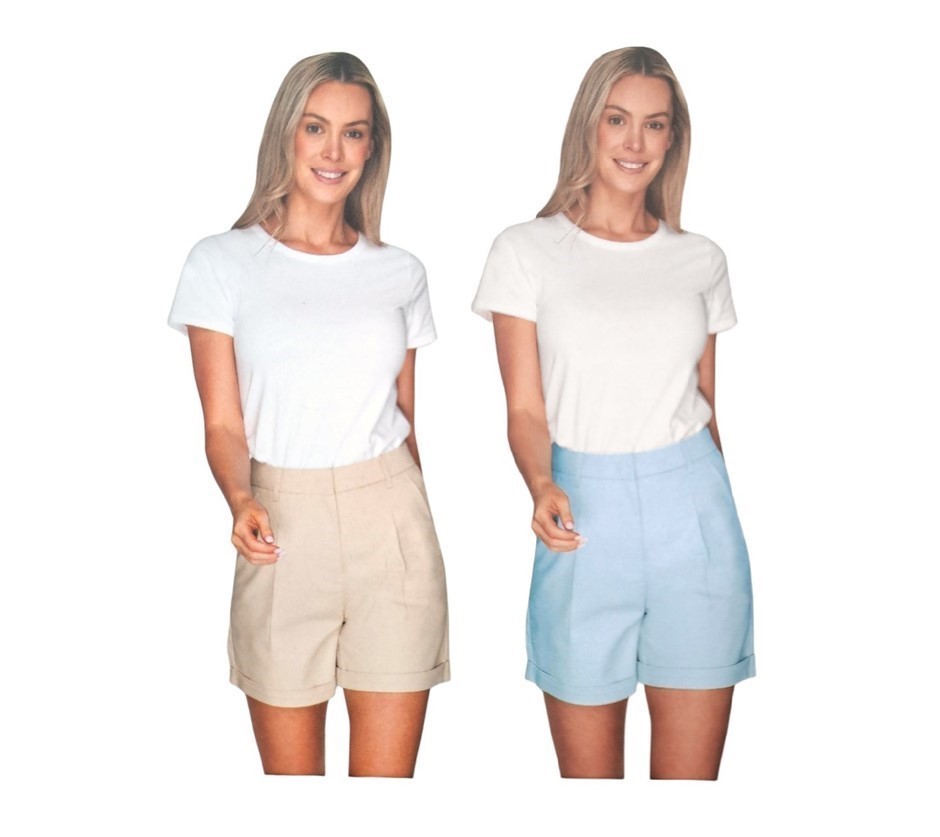 2 x ADVENT Women's Tailor Pleated Shorts, Size M, Stone & ForeverBlue, 1844