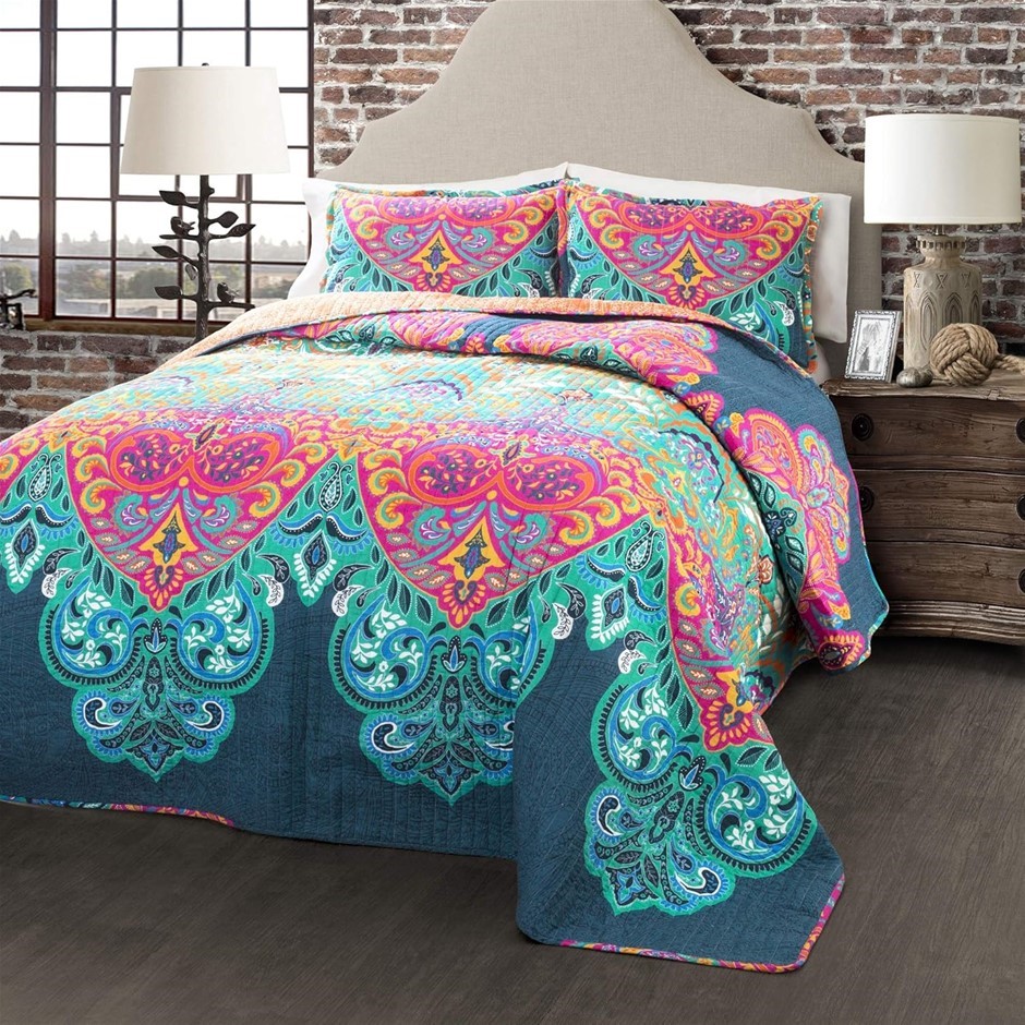 LUSH DECOR 3 Piece Boho Chic Quilt Set, Full/Queen, Turquoise/Navy.