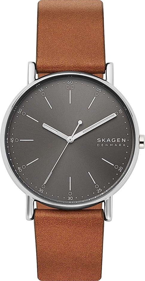 SKAGEN Men's 40mm Signature Minimalist Watch, Grey Dial, Brown Leather Band