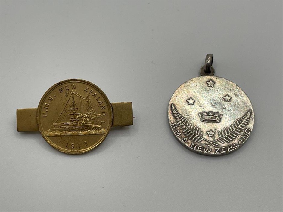 2 x H.M.S. NZ uniface badge & struck in silver medal, Circa 1910-13