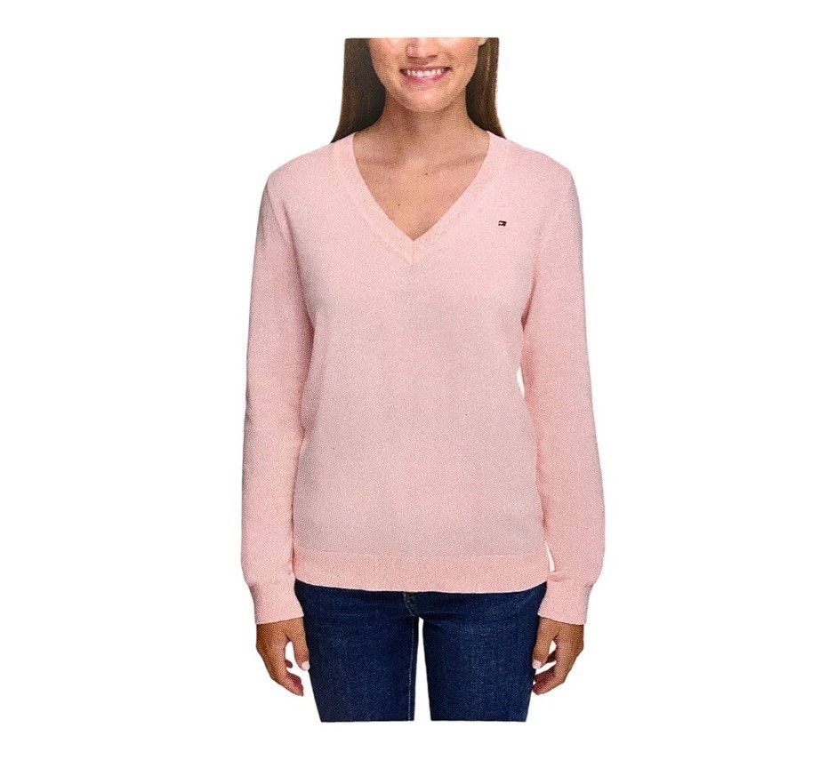 TOMMY HILFIGER Women's Ivy V-Neck Sweater, Size XL, 100% Cotton, Ballet Pin