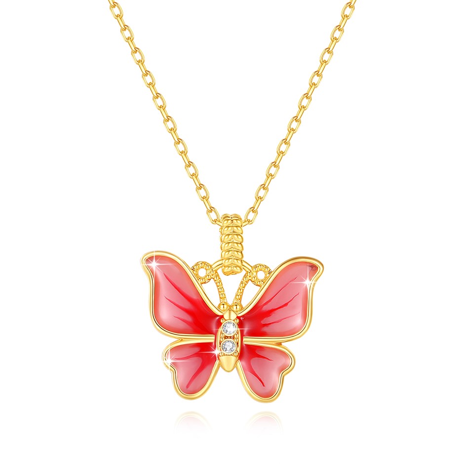 Solid 18K Yellow Gold Moissanite Enameled Butterfly pendant & Free