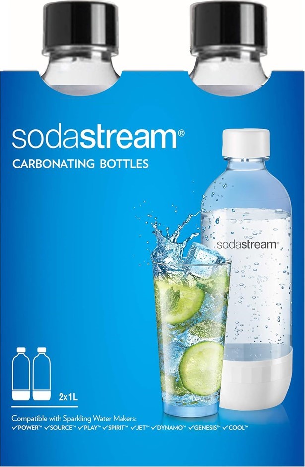 Pack of 2 x SODASTREAM Dishwasher Safe Carbonating Bottles, Black, 1L Each.