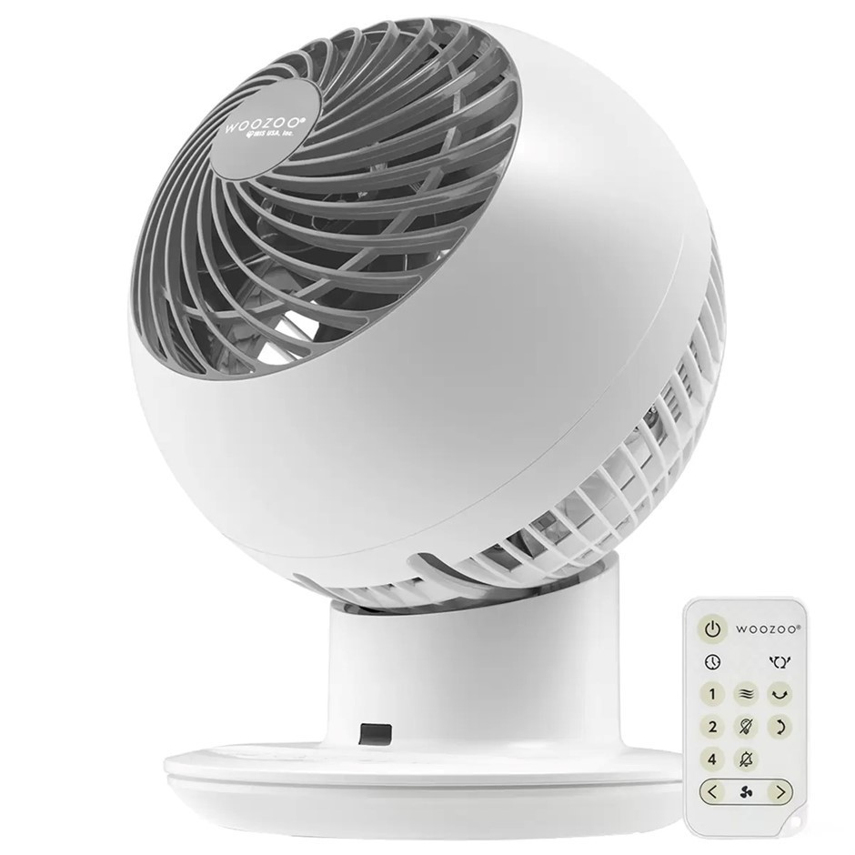 WOOZOO Globe Fan Circulator, White, Model PCF-SC15T-CT. NB: Damaged packagi