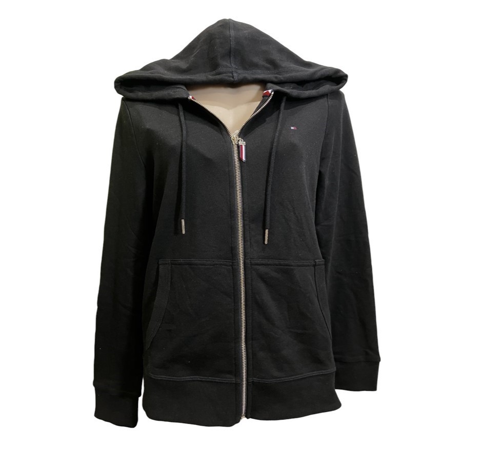 TOMMY HILFIGER Women's Fleece Gold-Zip Hoodie, Size S, 60% Cotton, Black (0