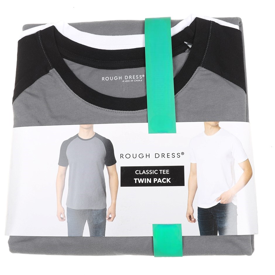 2 x ROUGH DRESS Men's Classic Tee Twin Pack, Size L, 100% Cotton, White & B