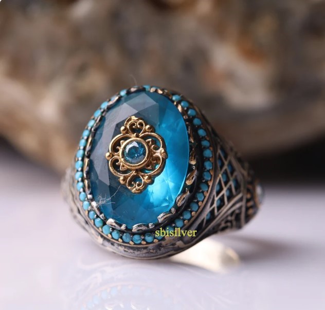 Turkish 925 Silver Royal Ring with Central Blue Aquamarine stone ...