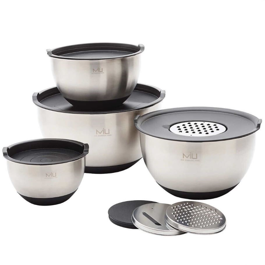 MIU Set of 4 Stainless Steel Mixing Bowls w/ Graters. N.B: Damaged packagin
