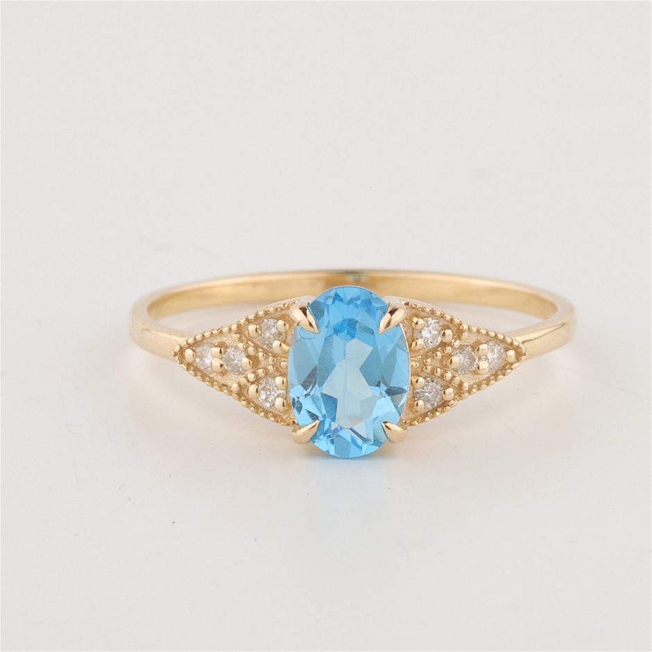 Certified Yellow Gold Natural Swiss Blue Topaz & Diamond Ring