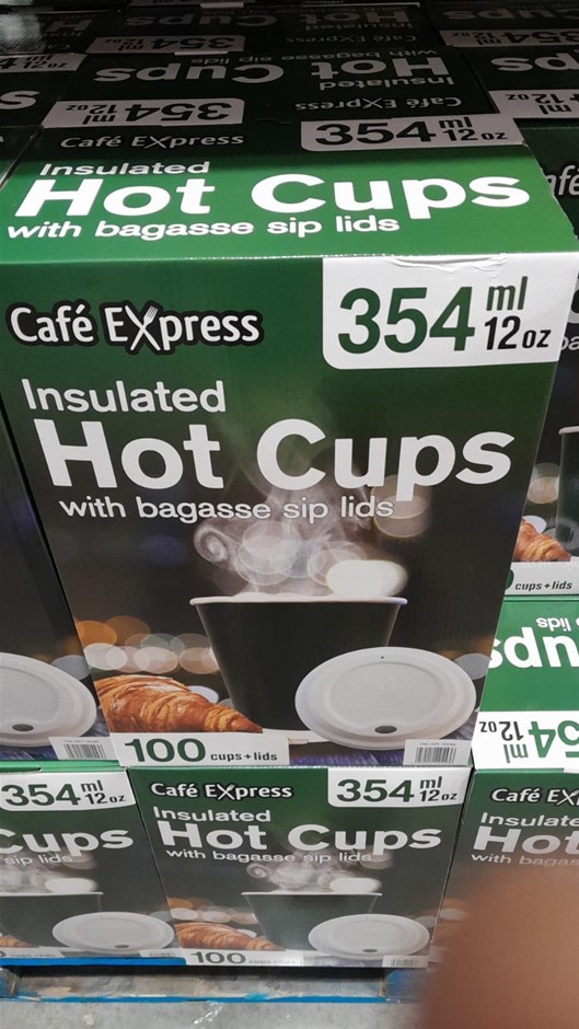 CAFE EXPRESS 100pk Insulated Hot Cups w/ Bagasse Sip Lids. NB: Damaged pack