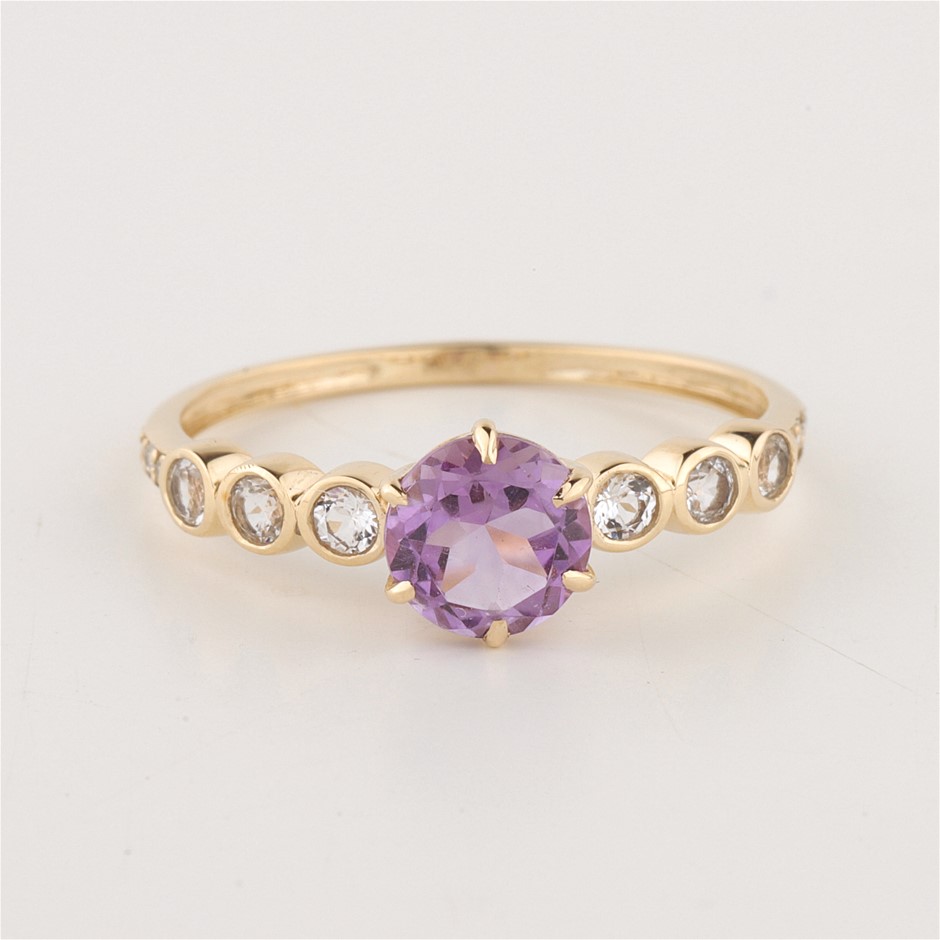 Certified Yellow Gold Natural Amethyst / Topaz & Diamond Ring