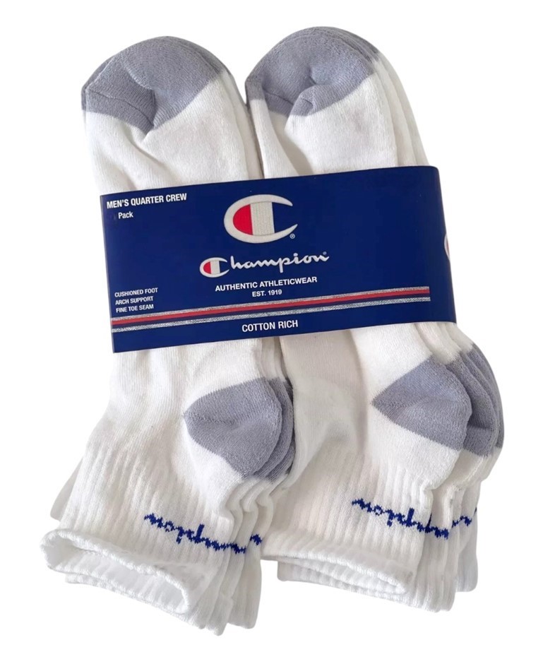 8 Pairs x CHAMPION Men's Quarter Crew Socks, Size 11-14, Cotton, White (WIT