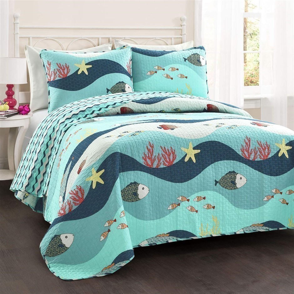 LUSH DECOR Sealife 2-Piece Quilt Set, Twin, Blue.