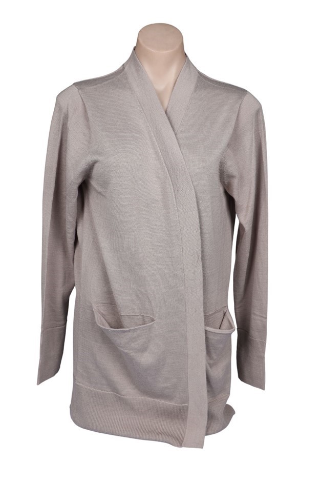 MATTY M Women's Essential Cardigan, Size L, 30% Wool, Heather Taupe. Buyer