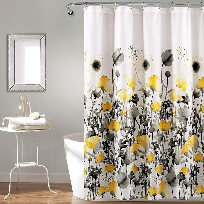 LUSH DECOR Yellow and Gray Zuri Flora Shower Curtain-Fabric Watercolor Flor