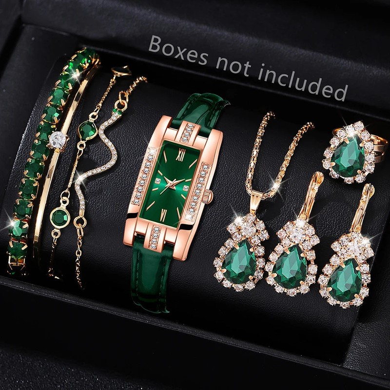 Green Womenâ€™s Quartz Watch Jewelry Gift Set