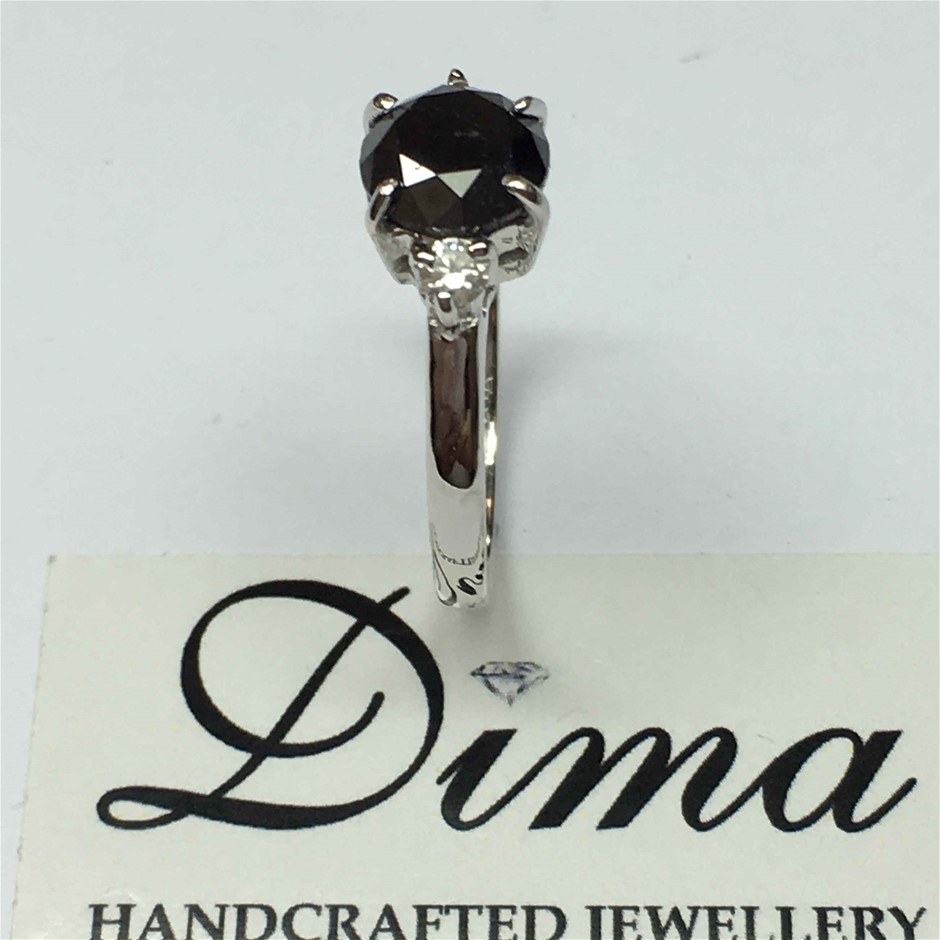1.70ct Round Treated Black  & 0.06ct White Diamond Ring 18K White Gold