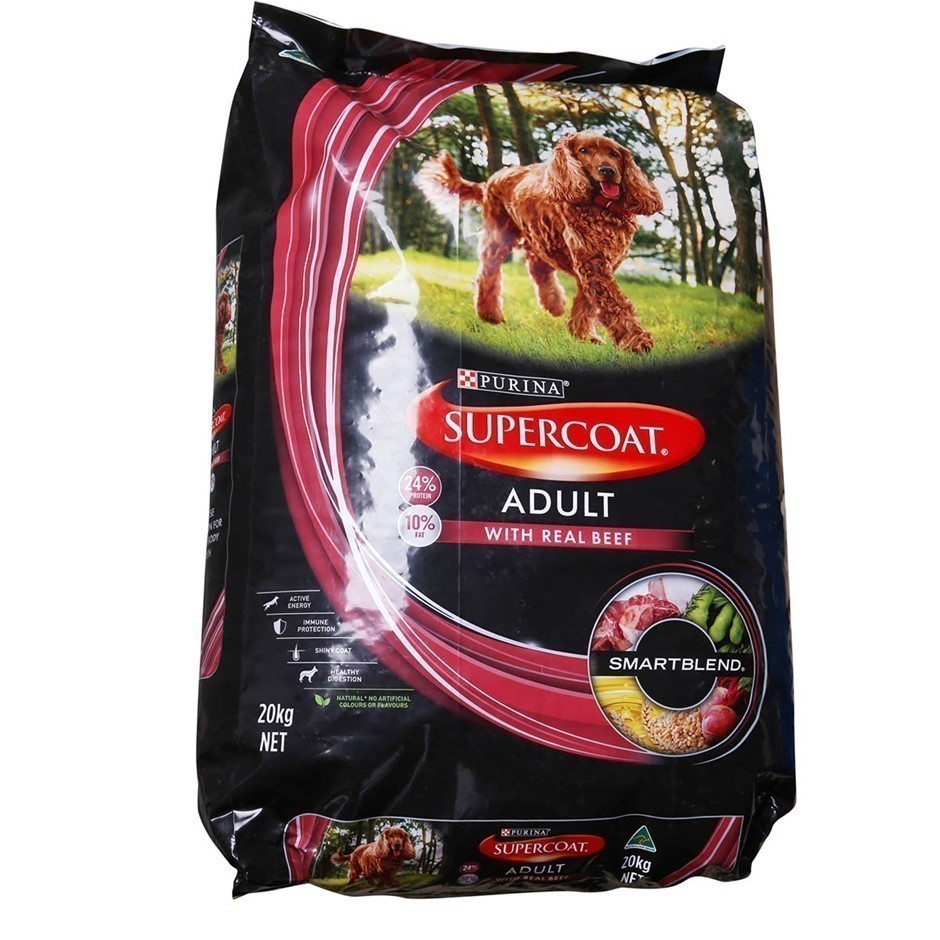 PURINA Supercoat Adult w/ Real Beef Dog Food, 18kg. NB: Damaged Outer Packa
