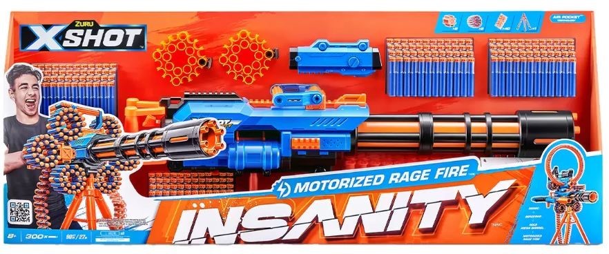 ZURU XSHOT Insanity Motorised Rage Fire 300 Darts. NB: Damaged packaging.