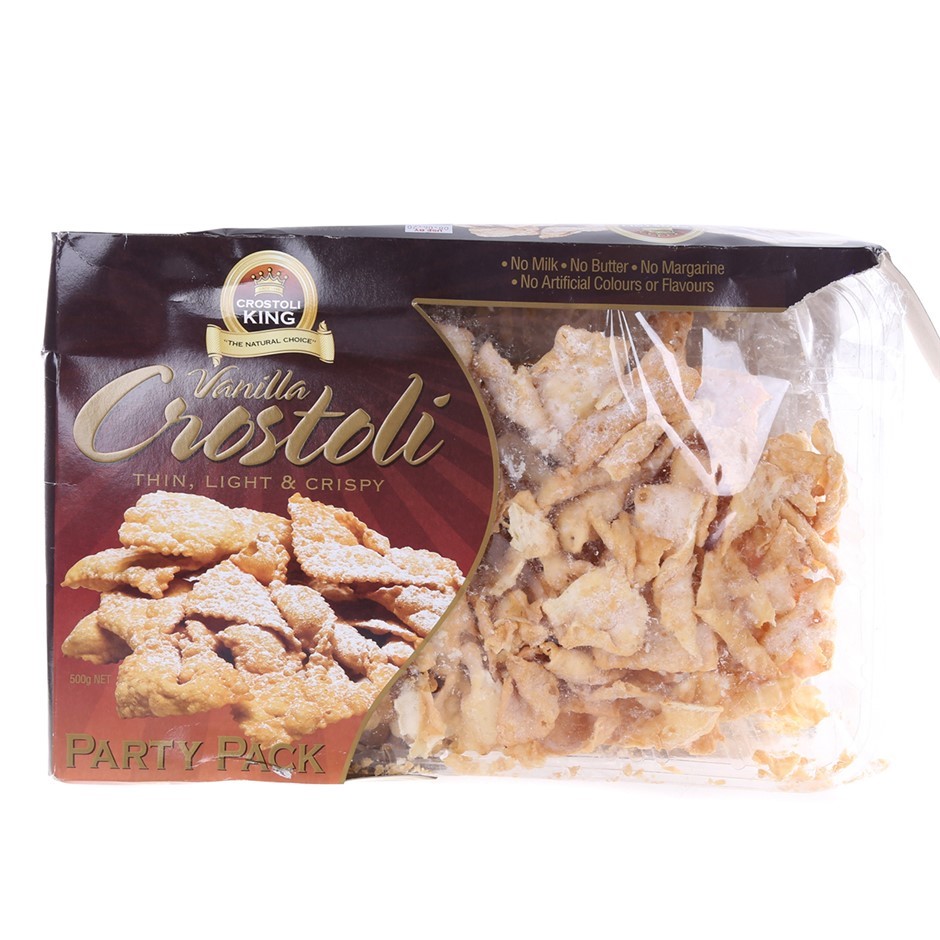 2 x CROSTOLI KING Vanilla Crostoli, 500g. NB: Damaged packaging.