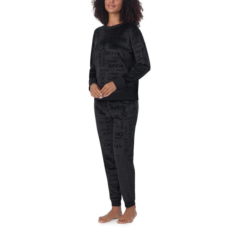 2pc DKNY Women's Stretch Velour Lounge Set, Size M, 95% Polyester, Black.