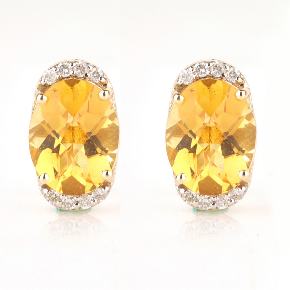 Yellow Gold Natural Citrine & Diamond Earrings with Valuation