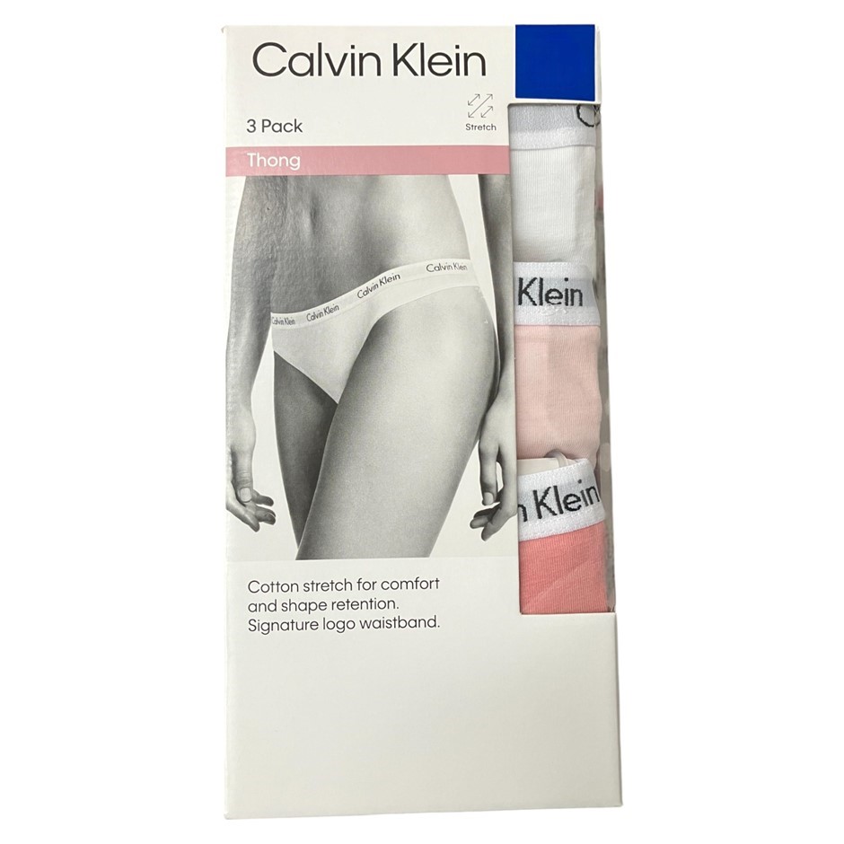3 x 3-Pack CALVIN KLEIN Women's Thongs, Size XL, 90% Cotton, Pink/White Com