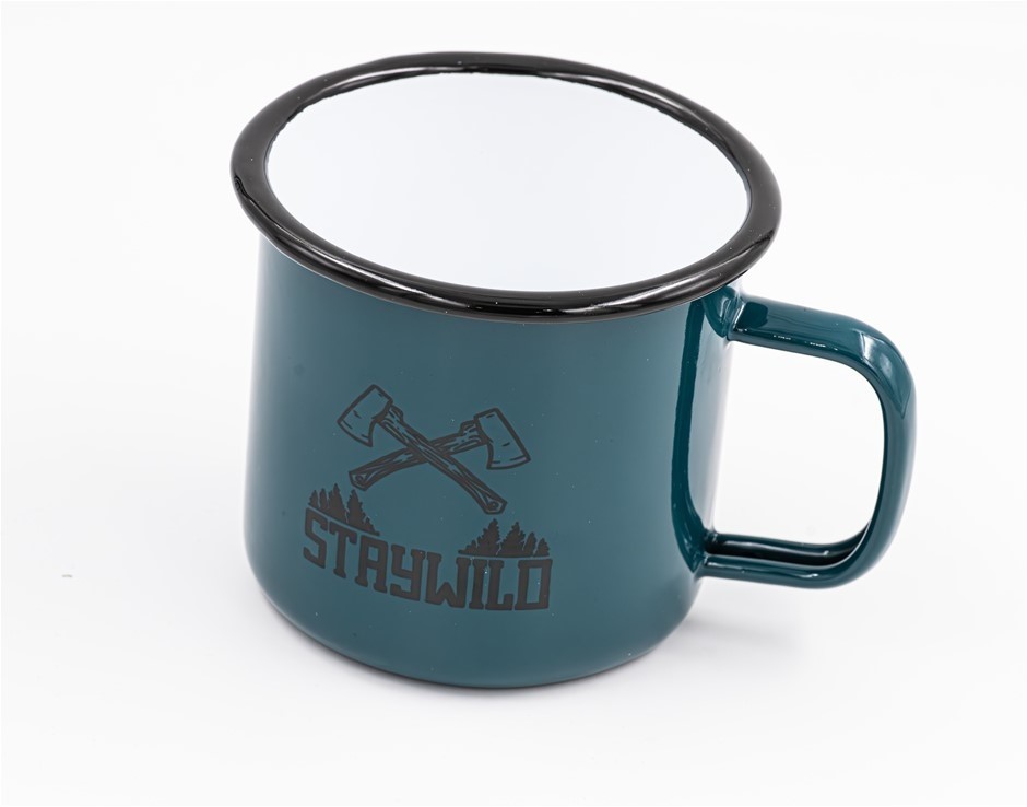 4 x Large Enamel Camp Mugs 100mm Wide, "STAY WILD".