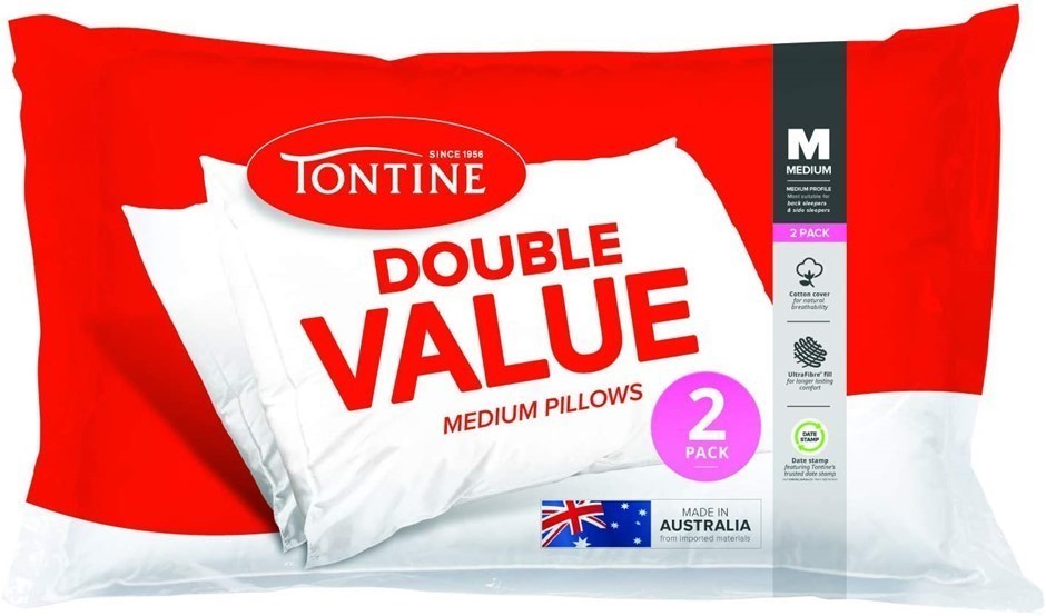 TONTINE Pillow Duo Pack, White, Polyester Filling, Medium Firmness. 75 L x