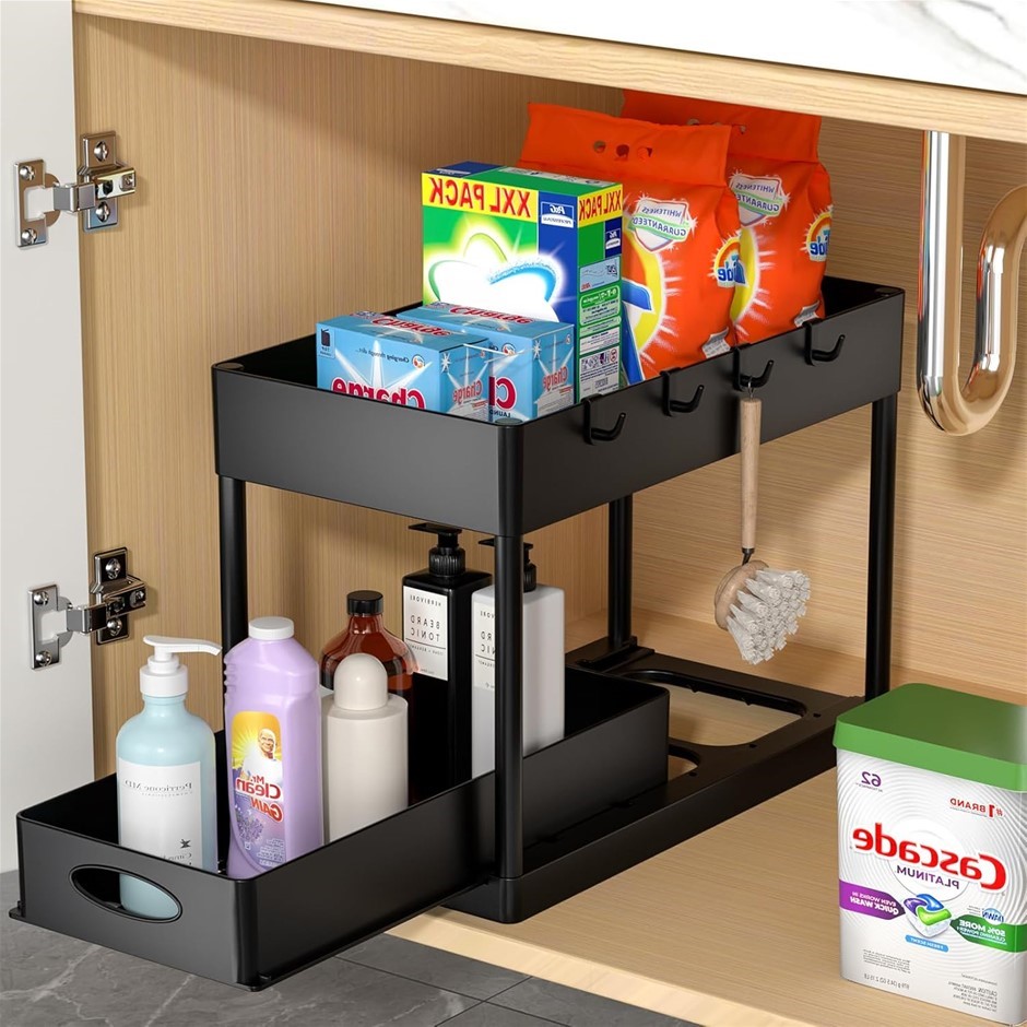 PUILUO Under Sliding Cabinet Basket Organizer, 2 Tier Storage Bathroom Sink