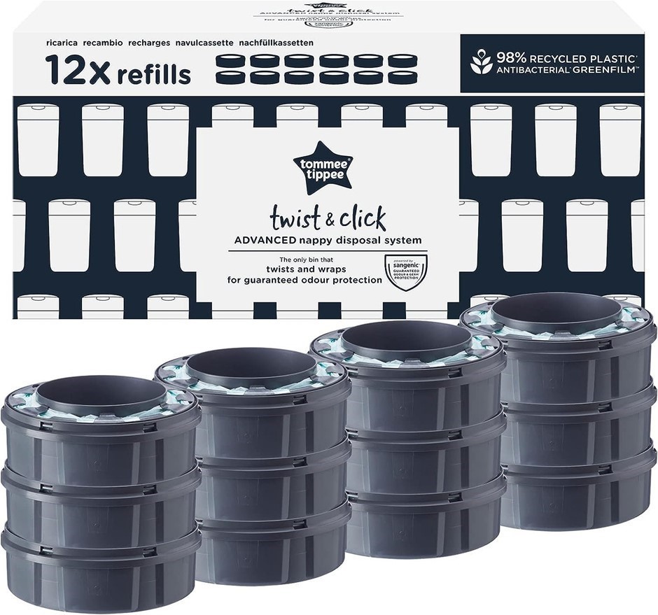 Pack of 12 x TOMMEE TIPPEE Twist and Click Advanced Nappy Bin Refill Casset