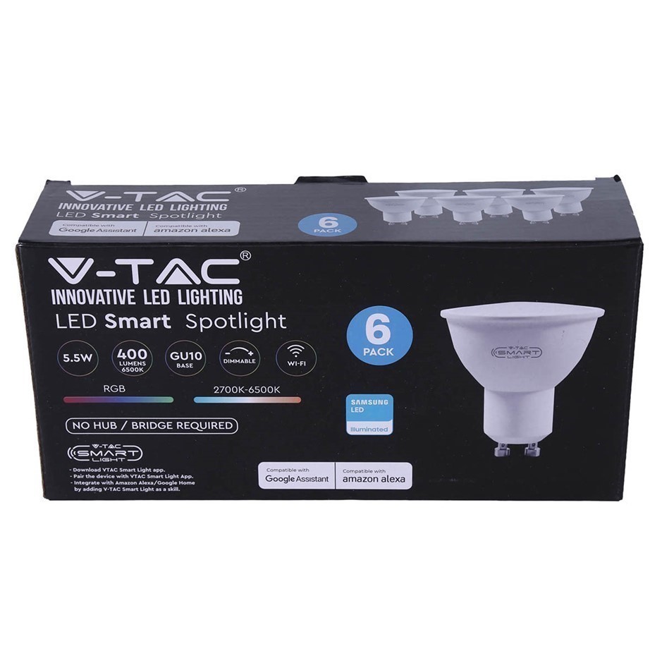 4 x V-TAC 6pk Innovative LED Lighting Smart Spotlight, 5.5W, Dimmable, GU10