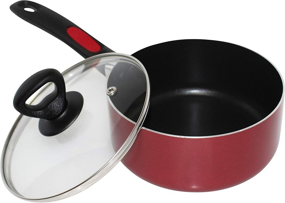 MIRRO Get A Grip Aluminum Nonstick Saucepan with Glass Lid, 3 Quart, Red.