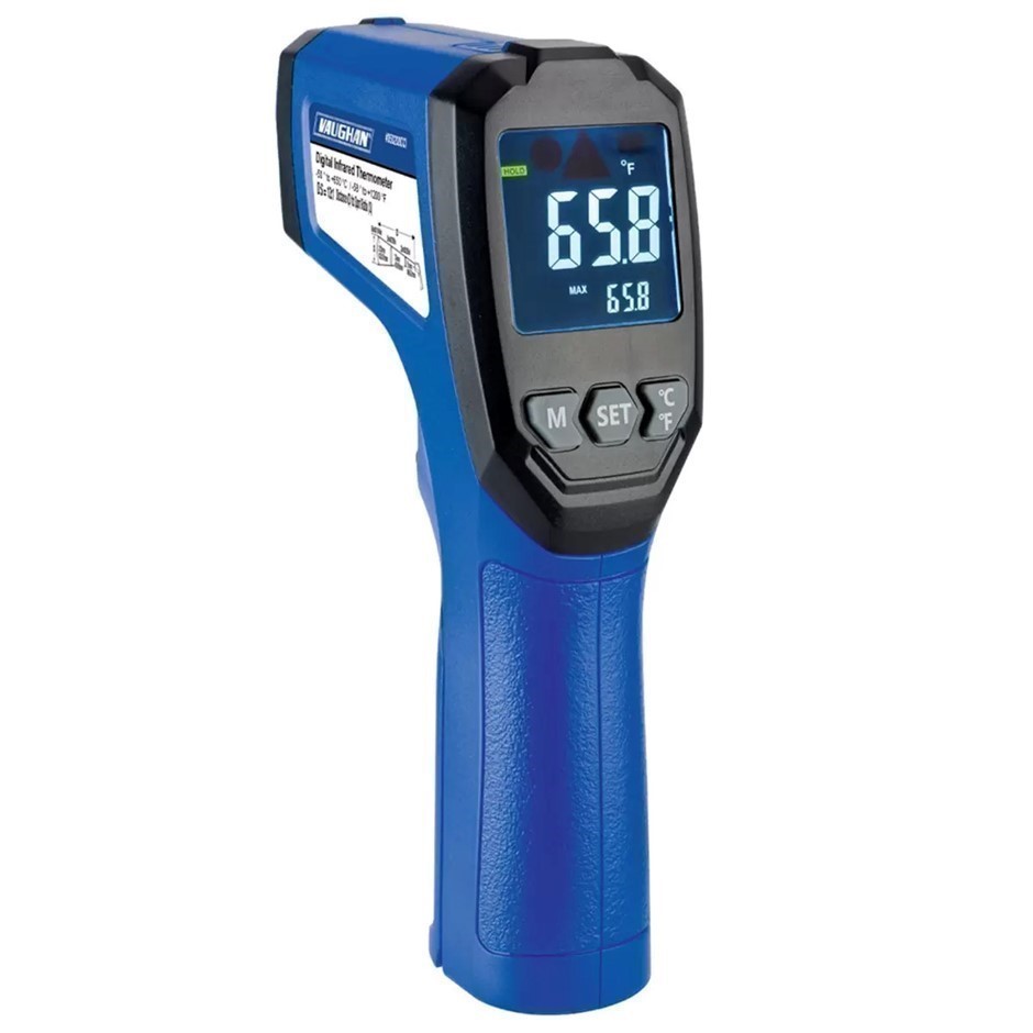 VAUGHAN Digital Infrared Thermometer, Blue, Model 050208CCI. NB: Damaged pa