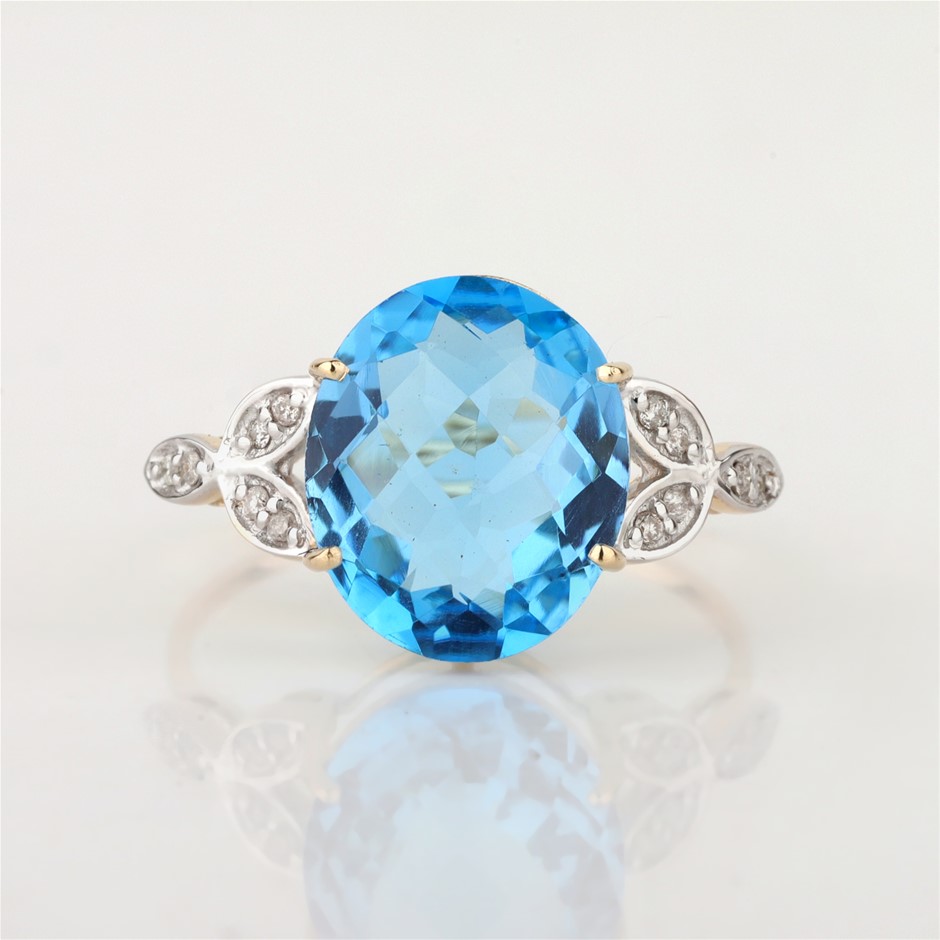 Yellow Gold Natural Swiss Blue Topaz & Diamond Ring with Valuation