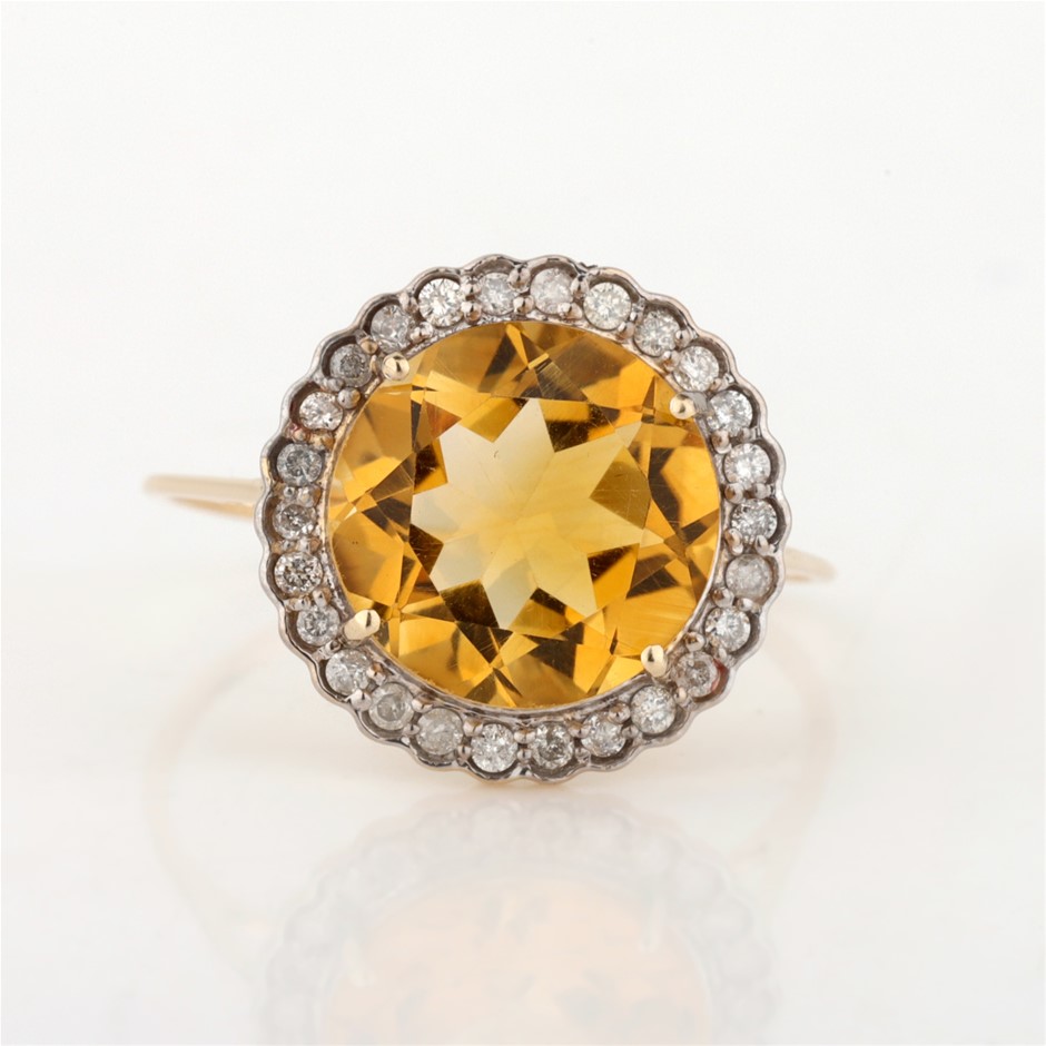 Yellow Gold Natural Citrine & Diamond Ring with Valuation