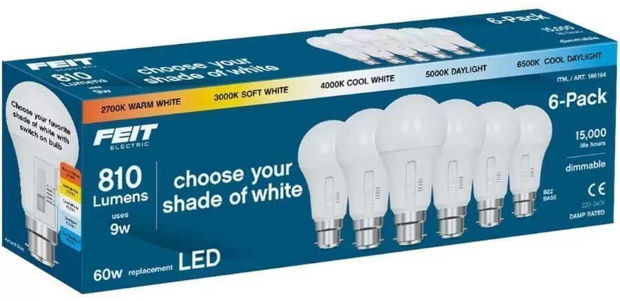 FEIT ELECTRIC 6pk LED Light Bulbs, 810 Lumens, 9W, B22 Base. NB: Damaged pa