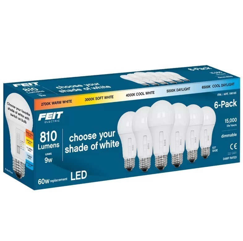 FEIT ELECTRIC 6pk LED Light Bulbs, 810 Lumens, 9W, E27 Base.