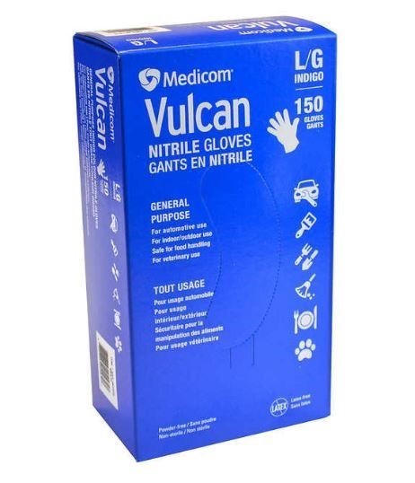3 x MEDICOM 150pk Vulcan Nitrile Gloves, Large. NB: Damaged packaging, appr